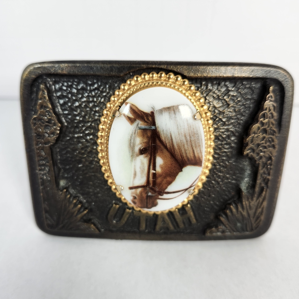 Vintage Mafco Solid Brass UTAH Porcelain Cameo Horse Motif Belt Buckle